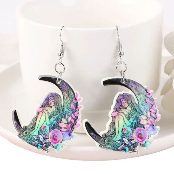 New Pastel Celestial Moon Woman Floral Drop Earrings Space Mystic Lunar Lady - Picture 2 of 2